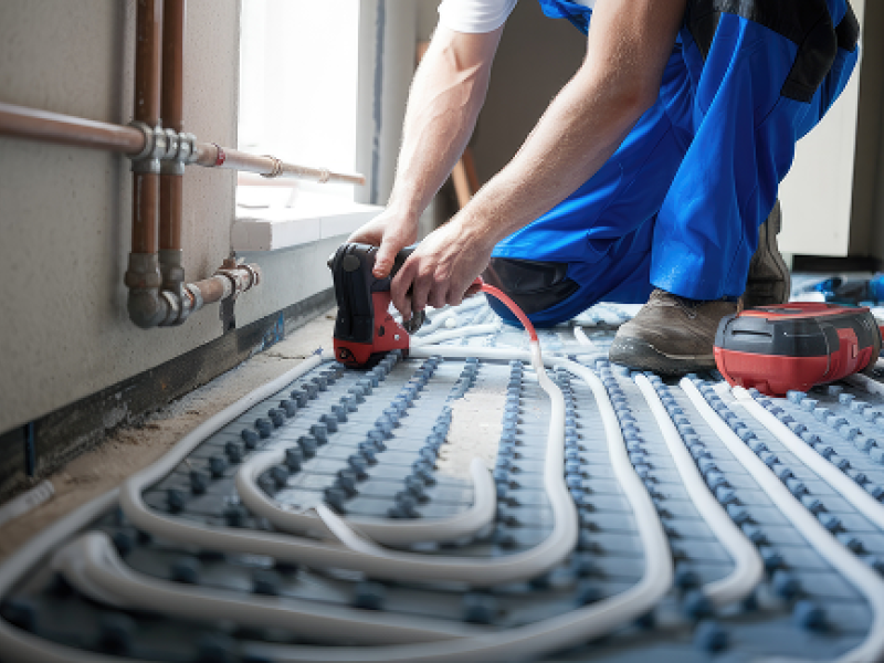 Ein Handwerker in blauer Arbeitskleidung installiert eine Fußbodenheizung. Er befestigt weiße Kunststoffrohre, die auf einer blauen Noppenplatte verlegt sind. Im Hintergrund sind Kupferrohre an der Wand zu sehen.